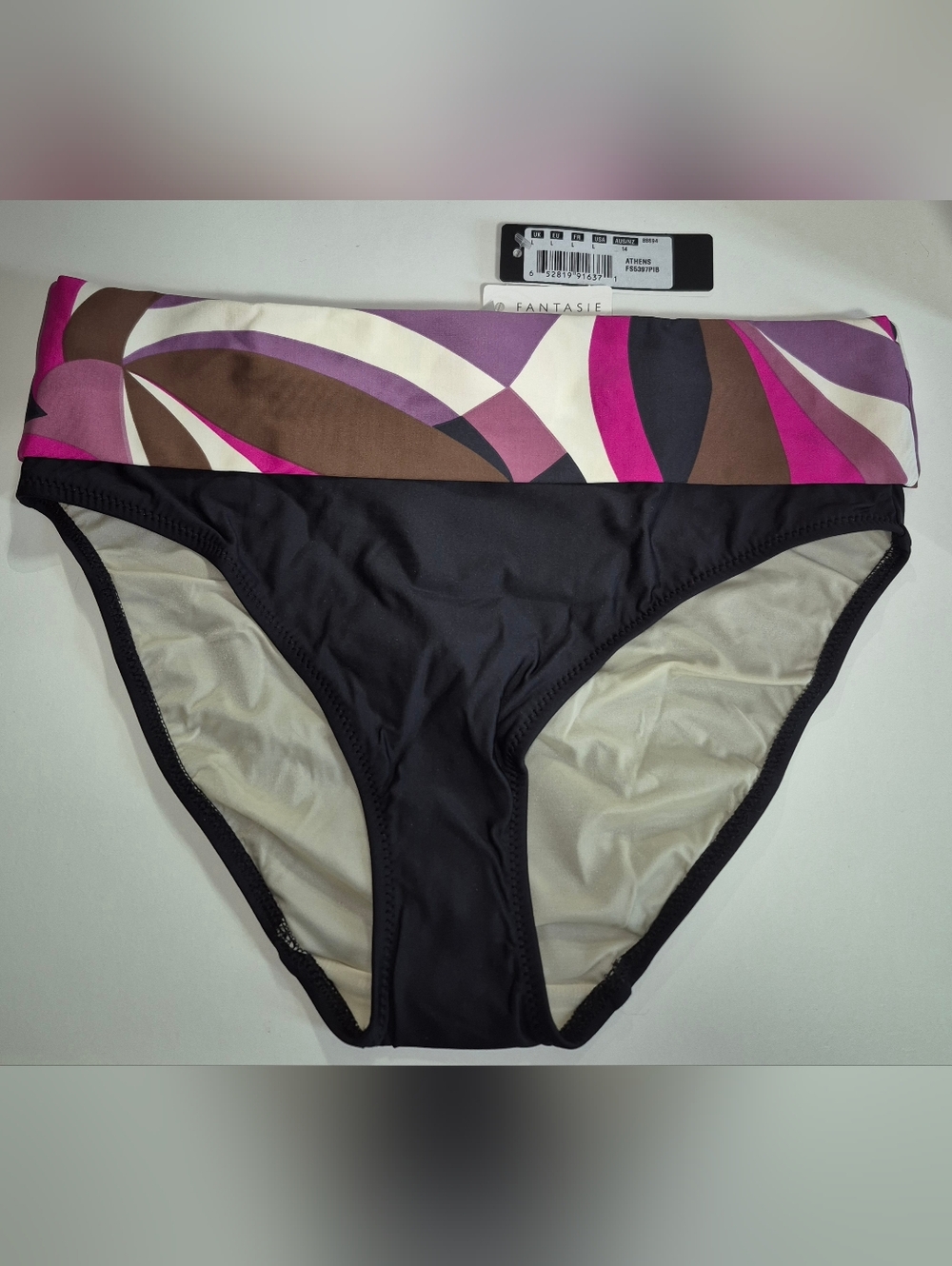 Fantasie Fold-Over Waistband Bikini Bottom in Black with Pink & Purple Accents